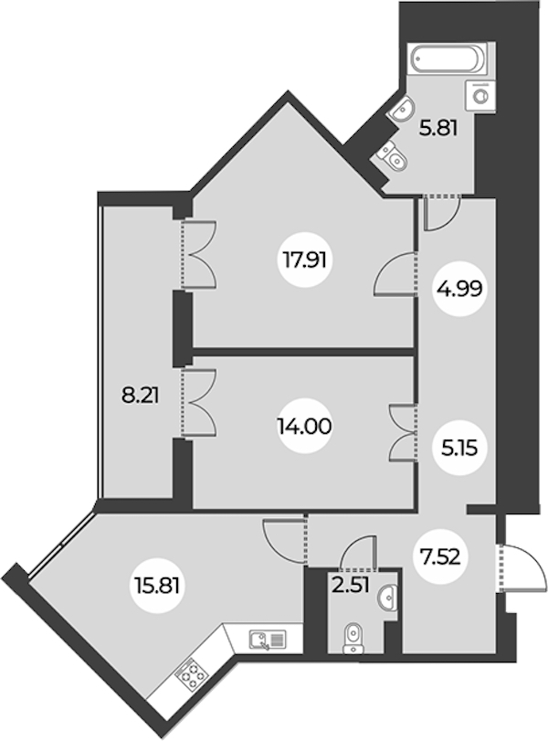 2-комнатная квартира 77.81 м², 14/24 эт., ЖК «Огни Залива»